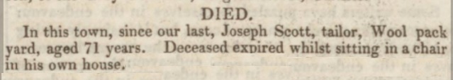 Report of Joseph Scott's death in the Kendal Mercury on 23 Jan 1836